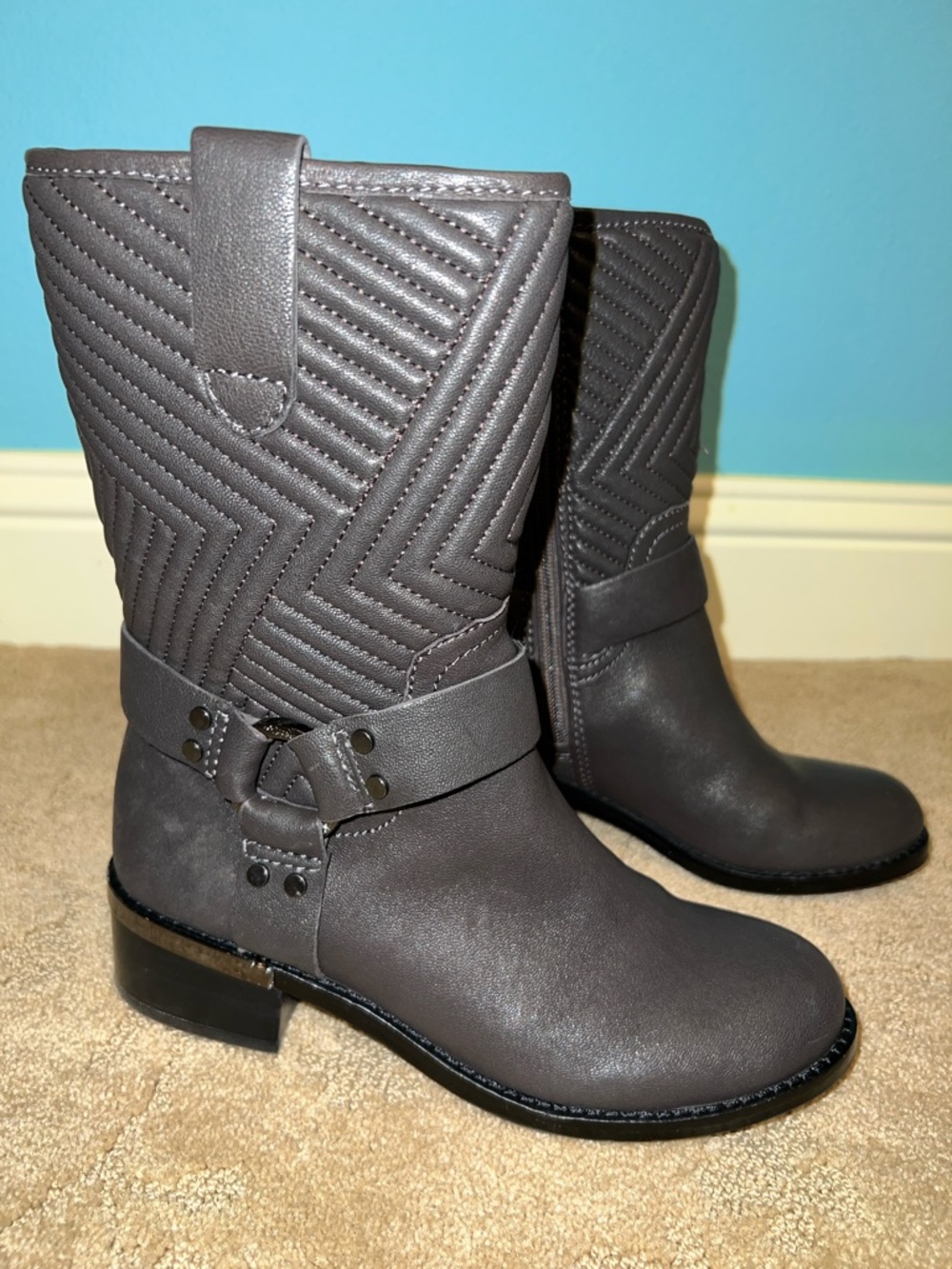 Vince Camuto Walden Quilted Moto Mid-Rise Leather Boots, Sz 6.5